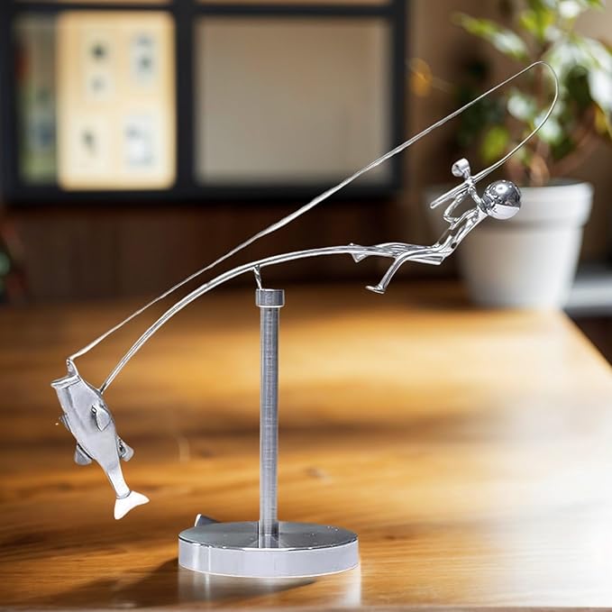 Kinetic Fishing Balance Art Sculpture, Stainless Steel Fisherman Desk Toy, Stainless Physics Balancing Fishing Physics Sculpture for Home Office Art Deco Festival Gift (1 PCS)