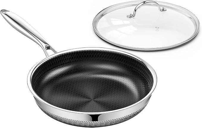 Innerwell 10 Inch Non Stick Frying Pan with Lid, Induction & Oven Safe | Titanium Ceramic Tri-Ply Stainless Steel Hybrid Nonstick Skillet, Stay Cool Handle, Heat Fast and Evenly, PFAS/PFOA/PTFE Free