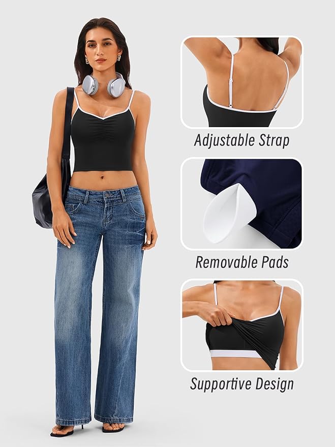 Longline Padded Sports Bra Workout Top for Women, Adjustable Straps Backless Crop Top Push Up Yoga Running Tank Top