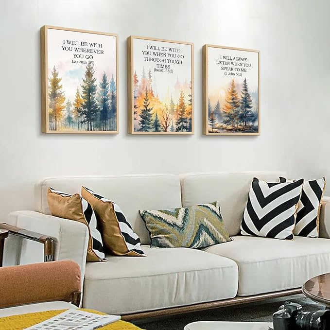 Forest Bible Verse Wall Art Painting Vintage Scripture Christian Landscape Wall Decor, Spiritual Jesus Nature Forest Quote Poster Canvas Prints, for Living Prayer Room Bedroom 12x16 inch Framed