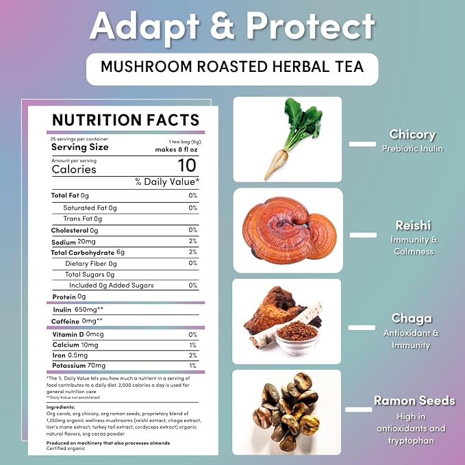 Teeccino Miraculous Mushrooms Adapt & Protect Herbal Tea By Teeccino, 25 Tea Bags - Five Organic Adaptogenic Mushrooms with Chicory & Cacao, 3x More Herbs than Regular Tea Bags, Caffeine Free, Prebiotic