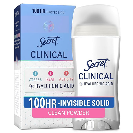 Secret Clinical Strength 100HR Sweat & Odor, Invisible Solid Antiperspirant Deodorant for Women, 3X Stress Protection with Hyaluronic Acid, PH Balanced, Powder Protection Scent, 2.6 oz