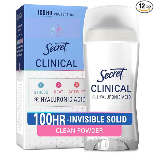 Secret Clinical Strength 100HR Sweat & Odor, Invisible Solid Antiperspirant Deodorant for Women, 3X Stress Protection with Hyaluronic Acid, PH Balanced, Powder Protection Scent, 2.6 oz (Pack of 12)