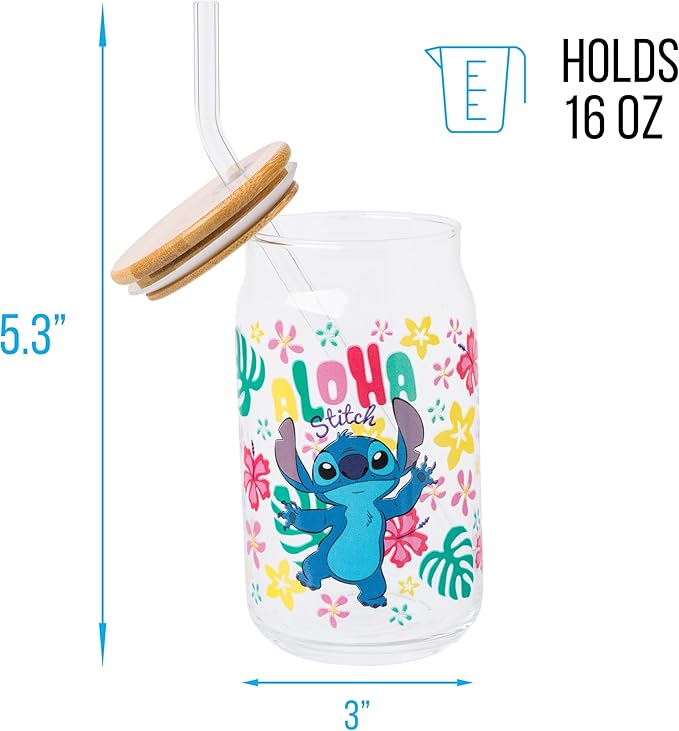 Silver Buffalo Disney Lilo and Stitch “Aloha” Tropical Hawaiian Glass Jar Tumbler with Bamboo Lid and Glass Straw, 16 Ounces