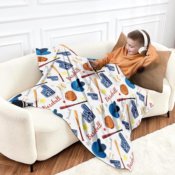 Wajade Baseball Gifts for Boys Girls - Baseball Blanket Birthday Christmas Decor for Kids Age 3 4 5 6 7 8 9 10 11 12 Years Old Teens Child Toddler Throw White 50"x60"