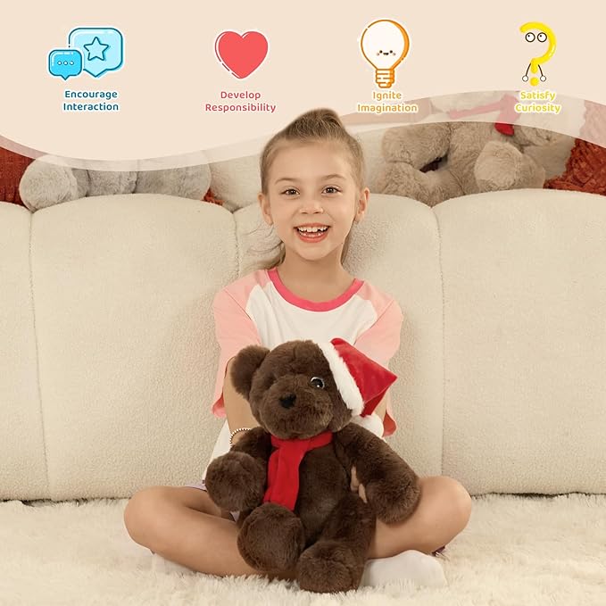 MorisMos Teddy Bear Stuffed Animal, 14'' Christmas Teddy Bear 2025 with Santa Hat & Scarf,180° Joints Posed Plush Toy, oft Stuffed Christmas Toy for Kid Girl Boy Max Decoration Birthday Gift,Chocolate