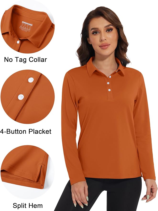 MAGCOMSEN Long Sleeve Polo Shirts for Women Golf Tops with Collar Work | UPF 50+ Sun Protection, 4 Buttons, Moisture Wicking, Breathable, 4-Way Stretch, Collared, Quick Dry, Active, Casual, Tennis