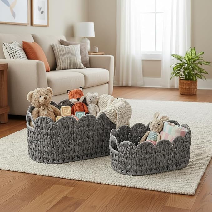 Coeusy Wicker Scalloped Basket Set of 2,Woven Storage Baskets for Shelves,Closet,Laundry,Gift,Towels,Books,Toys,Waterproof Cute Decor Basket for Organizing,Grey