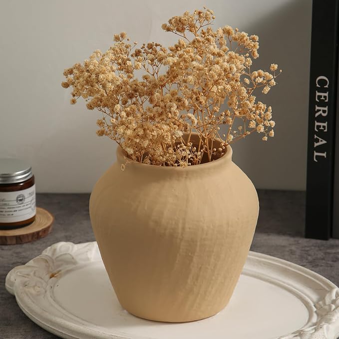 Farmhouse Ceramic Vase - Yellow Rustic Vintage Flower Vase for Home, Living Room, Shelf and Dining Table Decor-6.1IN.