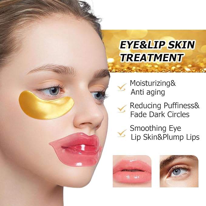 Jakuva 30 Pairs Lip Masks & Eye Masks,Gold Under Eye Patches for Puffy, Moisturizing Lip & Eye Skin, Anti-Aging, Reducing Fine Lines,Nourishing for Face Care