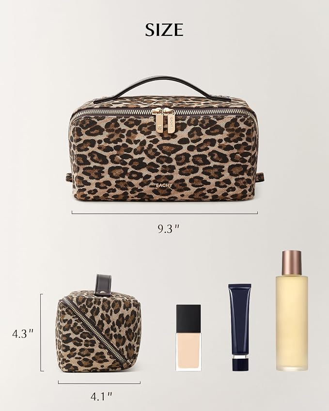 EACHY Travel Makeup Bag, Large Capacity Cosmetic Bag for Women, Waterproof PU Leather, Flat Open Portable Toiletry Bag for Skincare, Brushes & Travel Essentials