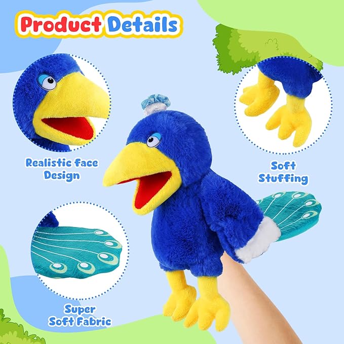 Animal Hand Puppets 11 Inch Bird Plush Toucan Owl Eagle Parrot Flamingo Peacock Puppet Toys Role-Play Puppets for Kids Storytelling Imaginative Pretend Play Teaching Preschool(Peacock)
