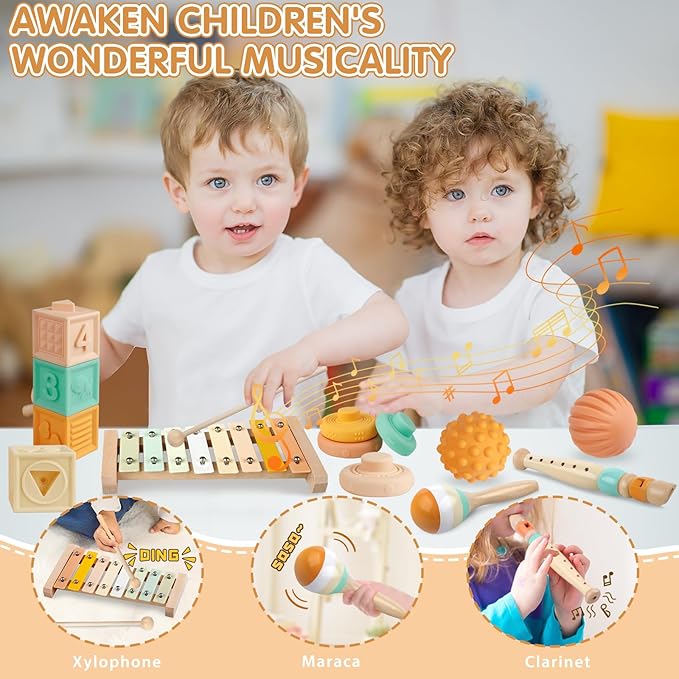 Baby Toys 6-12 Months Montessori Toys 6 in 1 Musical Instruments for Toddler, Stacking Blocks Development Learning Educational Toy with Wooden Xylophone Infant Baby Birthday Gift