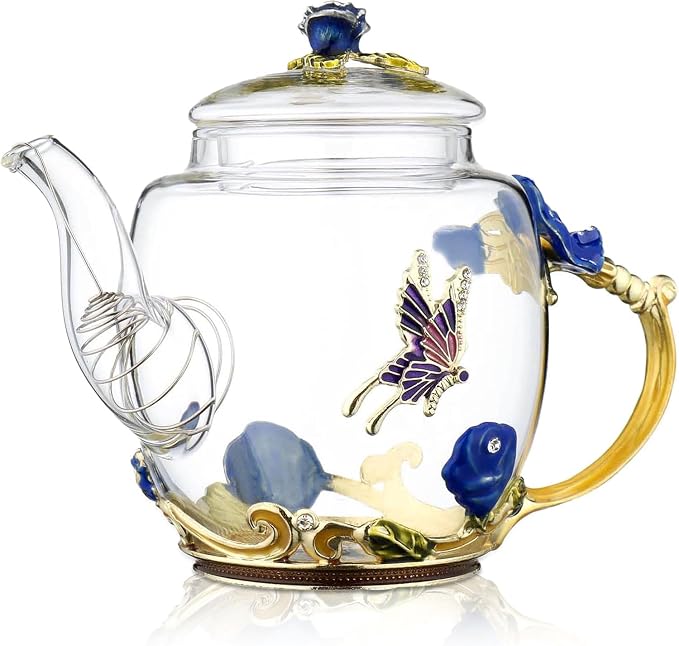 Glass Teapot -300 ml (10 oz) - Blue Rose Flower Butterfly Decoration Heat Resistant Glass Teapot Kettle Loose Leaf Teapot Tea Party Set (Blue)