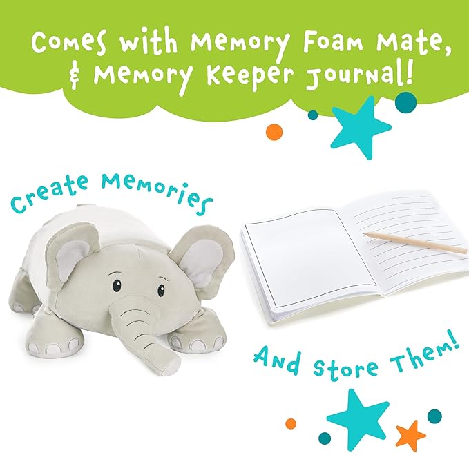 Cuddly Memory Foam Pillow Plush with Belly Pocket, Kids Pillow for Hugging Sleeping & Storing Diary, 15” Stuffed Animal & Journal Set - Piper The Elephant