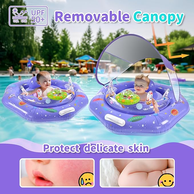 Baby Pool Float with Canopy,Interactive Toy Play Console & Adjustable Safety Seat | Infant Pool Float with Handle | Baby Float with Canopy Removable UPF50+ Sun Protection for Pool, Lake & Beach