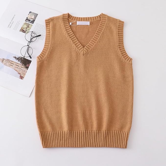 jinghuiyue Women’s V Neck Sweater Vest School Uniform Solid Color Sleeveless Knit Sweaters Pullover Tank Tops