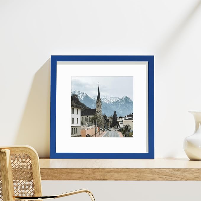 Vittanly 12x12 Picture Frames Set of 9 for Wall Mounting, Blue | Display Pictures 8x8 with Mat or 12x12 without Mat for Wall Mounting, Square Photo Frames for Home Decor, Engineered Wood