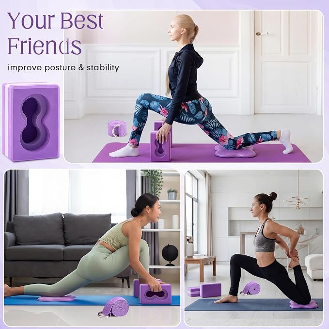 Yoga Blocks 2 Pack for Wrist Relief Yoga Blocks Wrist Support Set with Knee Pads and Strap Improve Comfort and Grip, Nonslip EVA Foam Pilates Exercise Balance Stretching Accessories Meditation
