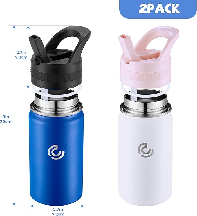2 Pack Kids Water Bottle,14oz Stainless Steel Insulated Water Tumbler Leak-Proof,School Water Mug,Small and Portable,Suitable for Boys and Girls to Use(White + Blue)