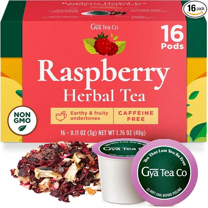 Gya Tea Co Raspberry Herbal Tea Pod (16 Count)- Decaf Wellness Tea for Body Comfort & Relaxing