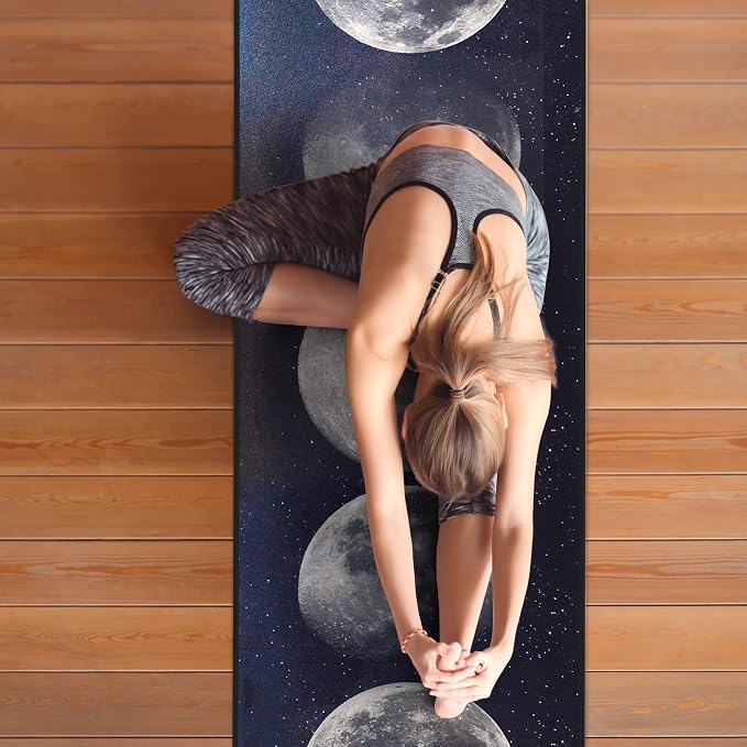 QiyI Yoga Mat Towel with Corner Pockets, Non Slip Sweat Absorbent Hot Yoga Towels, Soft Yoga Blankets with Travel Bag, Skidless Mat Cover for Workout, Gym, Fitness - 74"x26", Moon Cycle