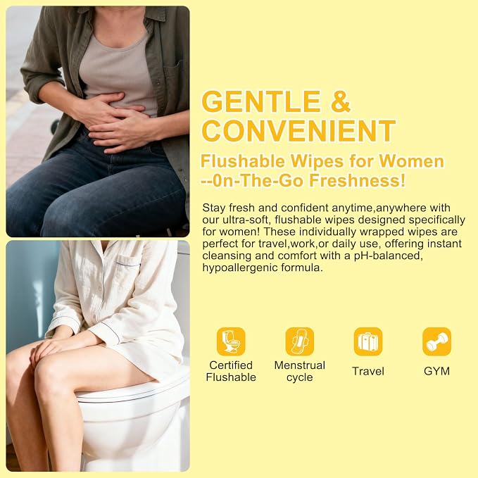 twoworld 100 Feminine Wipes Flushable Travel Individually Wrapped | Travel Wipes for Women,Feminine Care Wet Wipes Travel Size Vaginal Wipes for Adult,Girl and Homeless(Lemon)