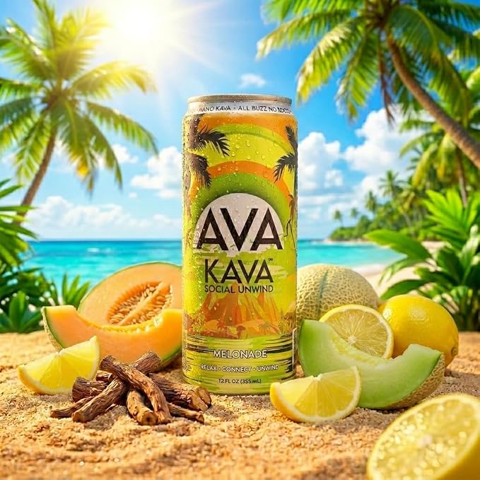 AVA Kava | Alcohol-Free Relaxation Drink | Melonade | Fast Acting Nano Kava • Zero Sugar Alcohols • Vegan • Plant Based • No Preservatives • Natural Flavors • Non GMO • Gluten Free | 12oz Cans (12-Pack)