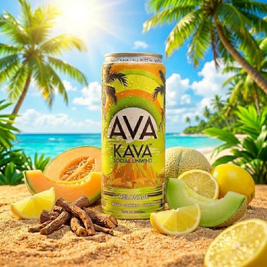 AVA KAVA | Alcohol-Free Relaxation Drink | Melonade | Fast Acting Nano Kava • Zero Sugar Alcohols • Vegan • Plant Based • No Preservatives • Natural Flavors • Non GMO • Gluten Free | 12oz Cans (6-Pack)
