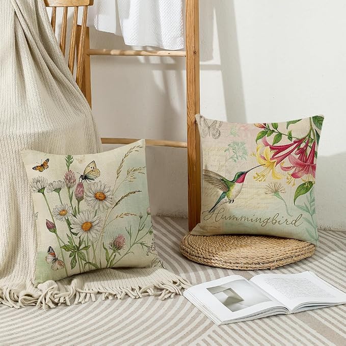 wyooxoo Throw Pillow Covers 20x20 Set of 4 Spring Summer Pillow Covers Flower Butterfly Bird Farmhouse Pillowcases for Sofa Couch Living Room Outdoor