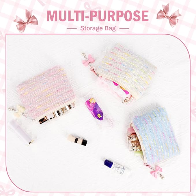 Mini Makeup Bag, Small Bow Tie Cosmetic Bag for Purse with Keychain, Portable XS Travel Makeup Pouch for Daily Use (Colorful Lines-Blue)