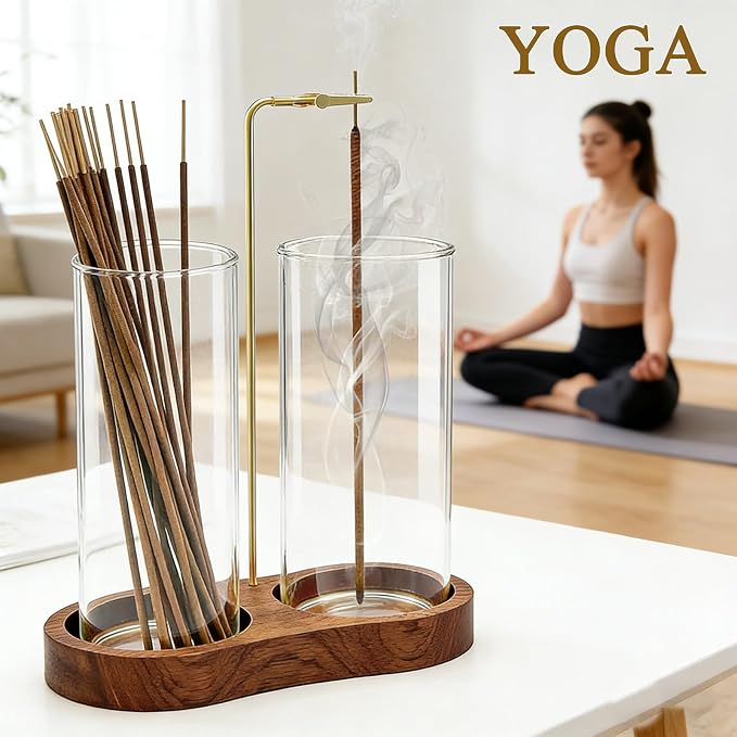 Ceremony Incense Holder, 2 in 1 Wooden Incense Holder for Sticks | Anti-ash Incense Burner with Glass Ash Catcher for Meditation Yoga Spa Room Decor