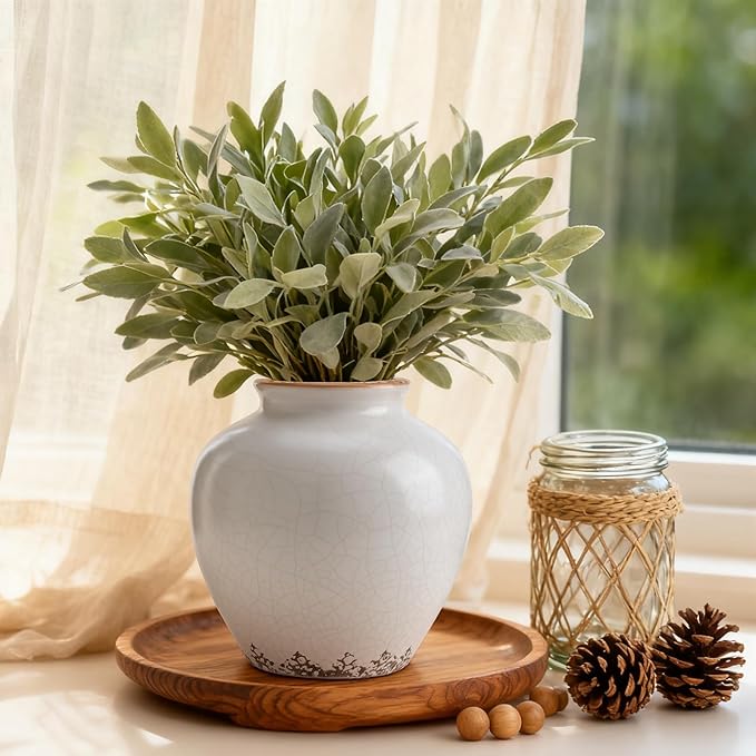 Ceramic Flower Vase Home Decor, 6.2 inch Farmhouse Rustic Vintage Decorative Vases, Pottery Terracotta Boho Flowers Vases for Dining Table, Living Room, Shelf, Kitchen, Bedroom (6.2"-Beige)