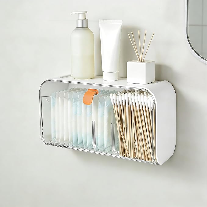 Wall Mounted Cotton Pad Holder for Bathroom, Tampon Organizer and Storage for Feminine Hygiene, Cotton Swabs, Cosmetics Accessories, White