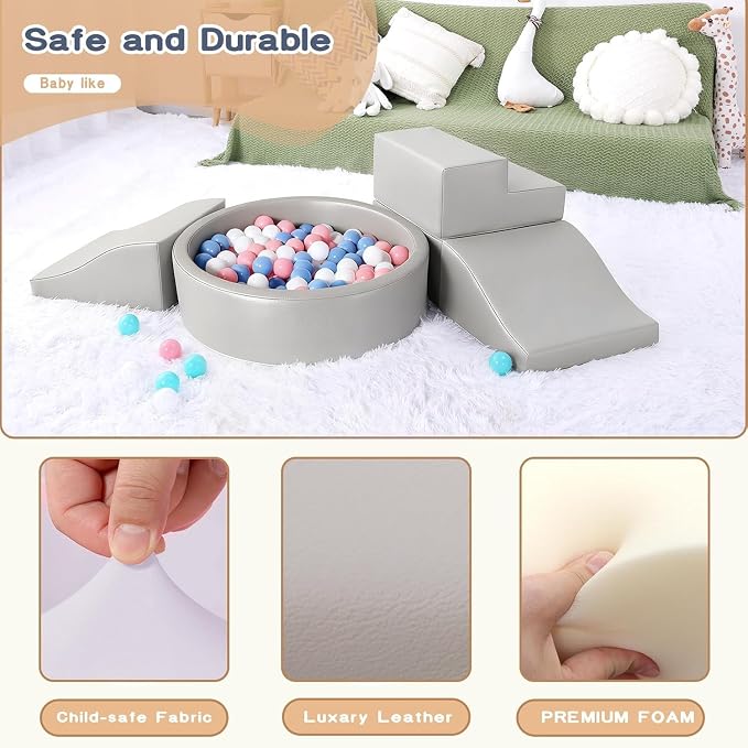 Hoohtoot Foam Climbing Blocks for Toddler: with 4-Piece PU Leather Climbing Toys and a Ball Pit - Foam Ball Pit for Toddlers - Climbing Toys Indoor for Kids Crawling