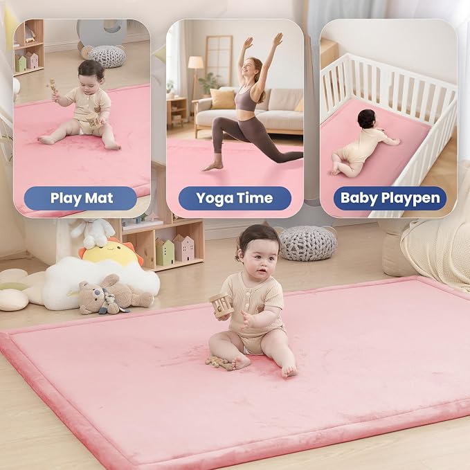 Huloo Sleep Ultra Soft Baby Play Mat for Floor, 1.3" Thick Elasti-Foam 59x59 Play Mat for Playpen,Water-Repellent Coral Velvet for Tummy Time, Non-Slip Backing,Safe for Toddlers & Infants（Pink）