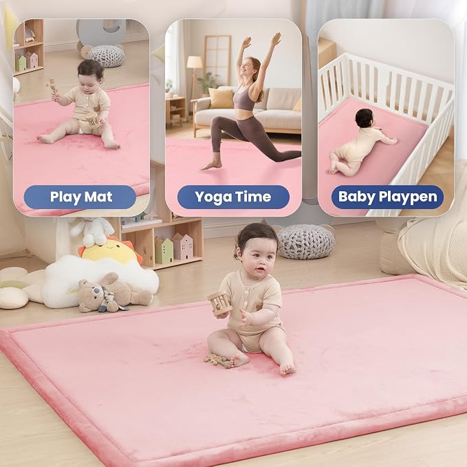 Huloo Sleep Ultra Soft Baby Play Mat for Floor,1.3" Thick Elasti-Foam 47x47 Play Mat for Playpen,Water-Repellent Coral Velvet for Tummy Time, Non-Slip Backing Safe for Toddlers & Infants（Pink）