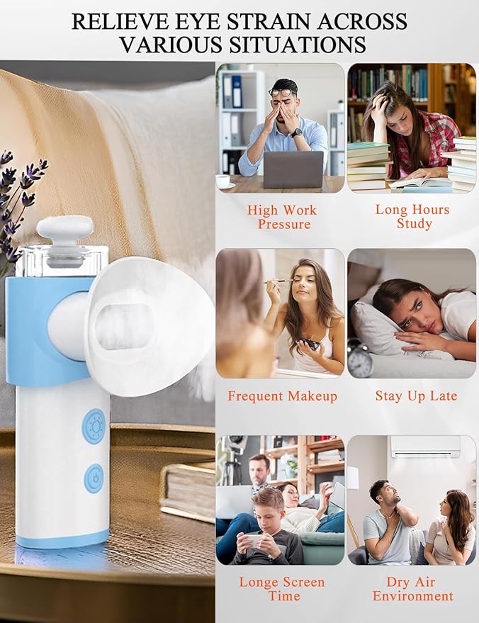 Eye Steamer for Dry Eye - Vowleike Portable Heated USB Nano Eye Mist Sprayer with Warm Compress for Dry Eyes & Stye Relief, Rechargeable Eye Drops Steamer for Home, Office & Travel, Light Blue