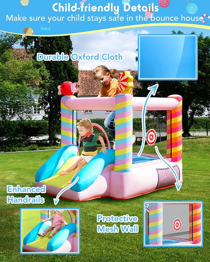 Candy Bounce House for Kids Ages 3-6, Sweet Inflatable Bouncy Castle with Slide, Indoor Outdoor Small Jumping House, Mini Toddler Bounce Castle for Birthday Gifts and Holidays(Without Blower)