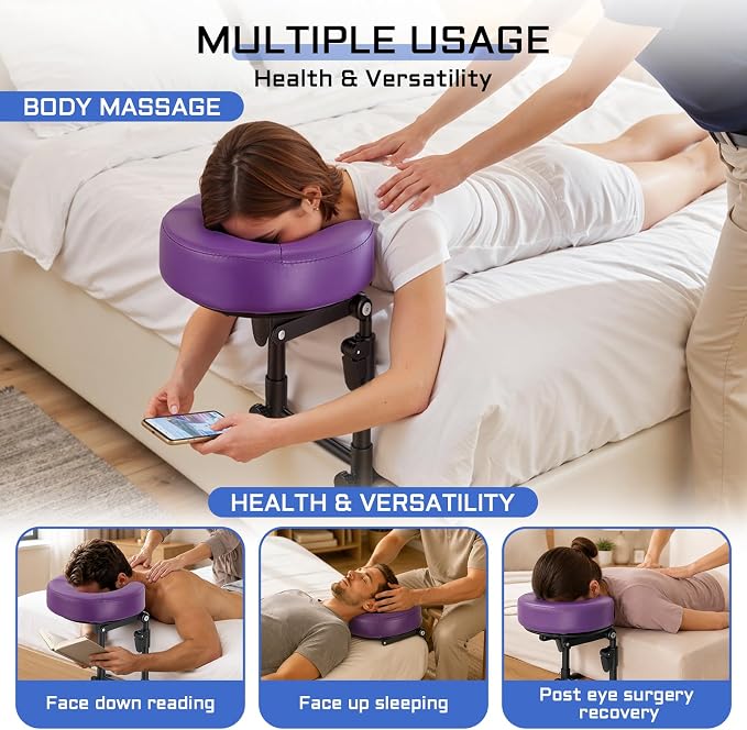 Massage headrest for Bed with Storage Bag Mattress Top Massage Kit | Adjustable Massage Face Cradle at Home for Massage SPA Foldable & Portable Face Down Pillow After Eye Surgery (Purple)
