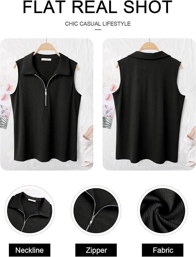 Vivilli Womens Ribbed Tank Top Zipper V Neck Dressy Casual Blouses Sleeveless Camisole Tops Work Tank Polo Shirts