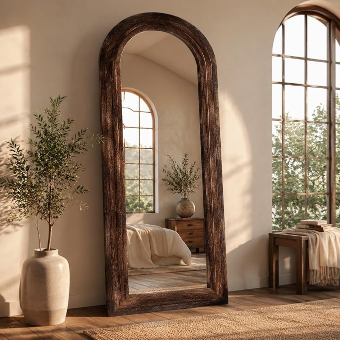 ZHUNFA Arched Full Length Mirror with Solid Wood Frame, 65x22, Brown | Farmhouse Wall Mounted Floor Mirror with Stand, Vertical Hanging, Leaning Standing for Bedroom, Living Room