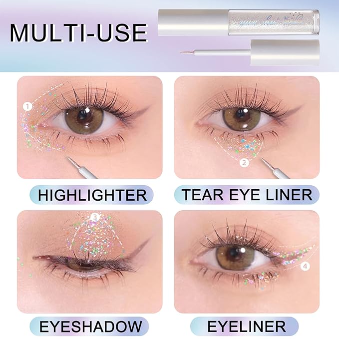 Erinde 4PCS Liquid Glitter Eyeshadow Eyeliner Makeup, Shimmer Metallic Eye Liner, Long Wearing Waterproof, Twinkle Under Eye Shadow, Loose Glue for Crystals Eye Makeup