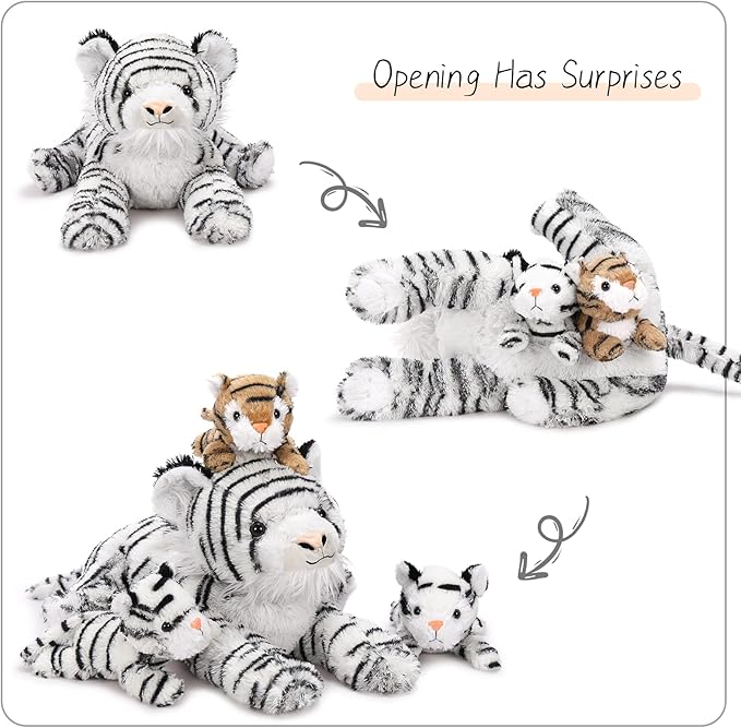 MaoGoLan 4Pcs White Tiger Stuffed Animals, 17.7 inches Large Tiger Plush Toy Set, Stuffed Mommy Tiger with 3 Cubs, Gifts for Boys Girls, Birthday Christmas Festive Decor