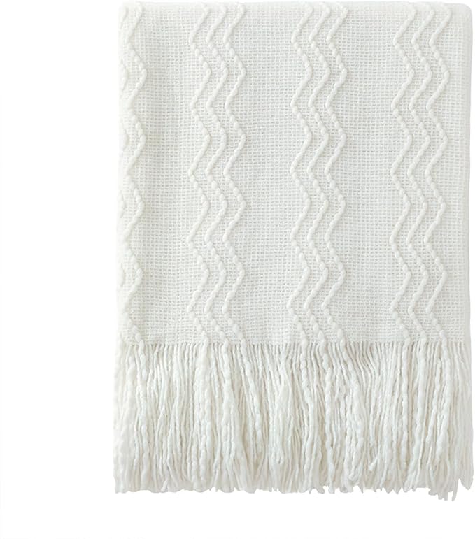 BOURINA Off White Throw Blanket 50x60Inch Boho Knit Soft Throw Sofa Blanket | Knitted Throw Blanket 50x60 Inches, Soft Lightweight Boho Weave Throw Decorative Couch Blanket for Living Room Bedroom Chair