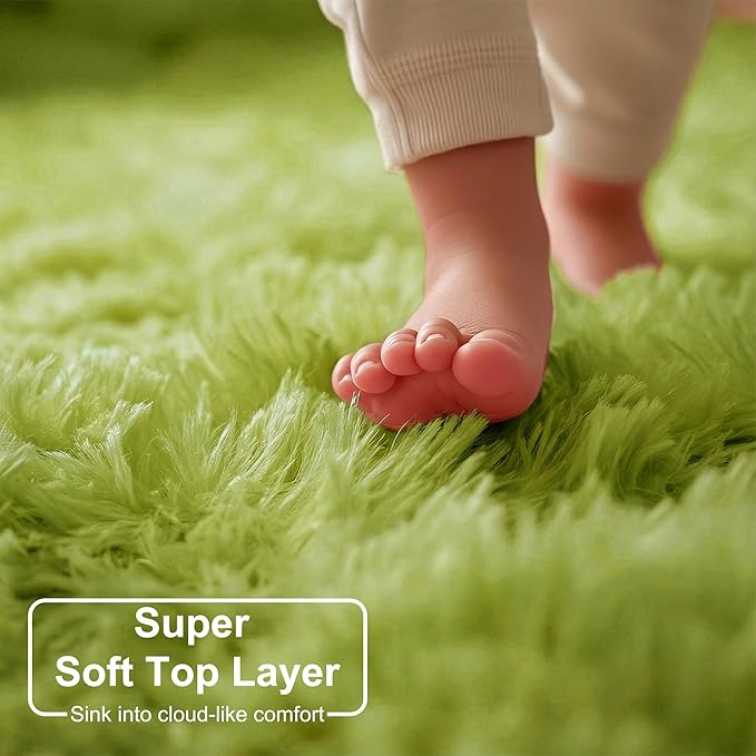 Grass Green Rugs for Bedroom, Fluffy Shag Area Rug 4x6 for Kids Room Living Room Baby Nursery Decor Aesthetic, Cute Furry Cool Shaggy Throw Bedside Fuzzy Plush Moss Carpet for Dorm Classroom Playroom