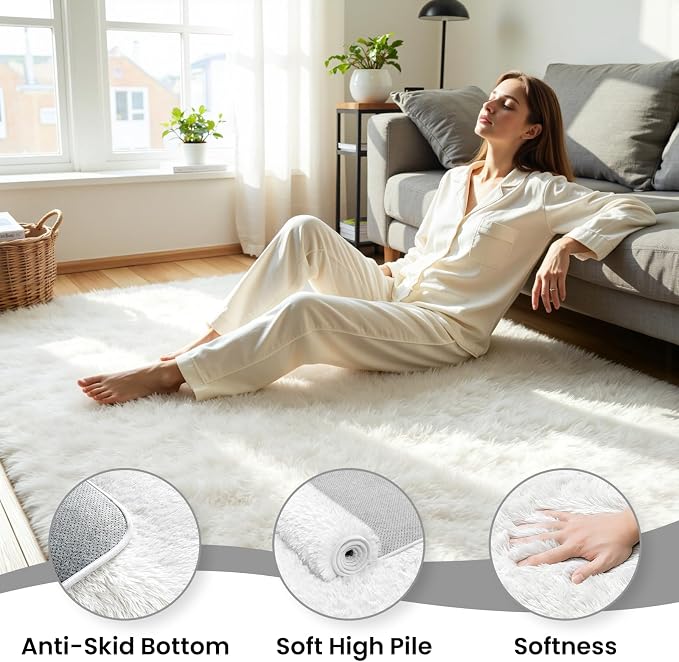 5x7 Area Rug for Living Room, Ultra Soft Fluffy White Rugs for Bedroom, Non Slip Large Shag Carpet, Fuzzy Plush Nursery Rug, Thick Washable Indoor Floor Carpets for Kids Office Dorm Home Decor