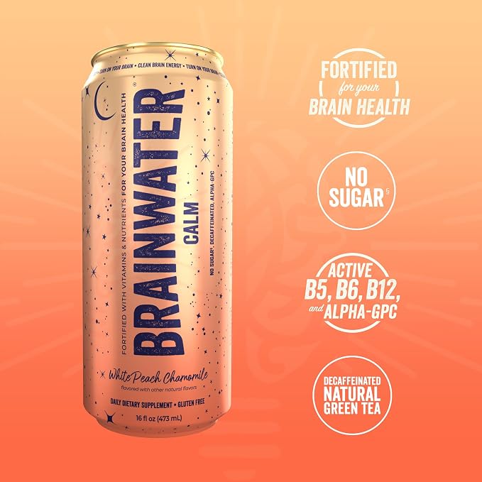 BrainJuice BrainWater Calm, Water for Clean Energy, Focus & Relaxation Support, Gluten Free, Zero Sugar Drinks with Ashwagandha, Alpha GPC, Vitamin C & B, Organic Green Tea, 8 Pack (Peach Chamomile)