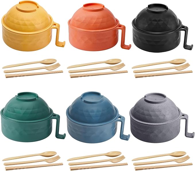 6 Sets Microwave Ramen Bowl Bulk 40 oz Wheat Straw Instant Ramen Cooker Set Portable Noodle Cooker with Handle Spoon Chopsticks Fork for College Dorm Room Gift (Elegant Colors)