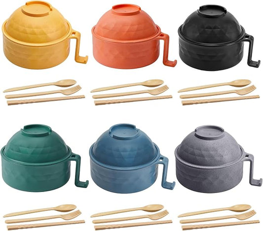 6 Sets Microwave Ramen Bowl Bulk 40 oz Wheat Straw Instant Ramen Cooker Set Portable Noodle Cooker with Handle Spoon Chopsticks Fork for College Dorm Room Gift (Elegant Colors)